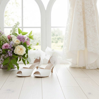 Neve Peep Toe Kitten Heel Bridal Shoes - Organza Strap