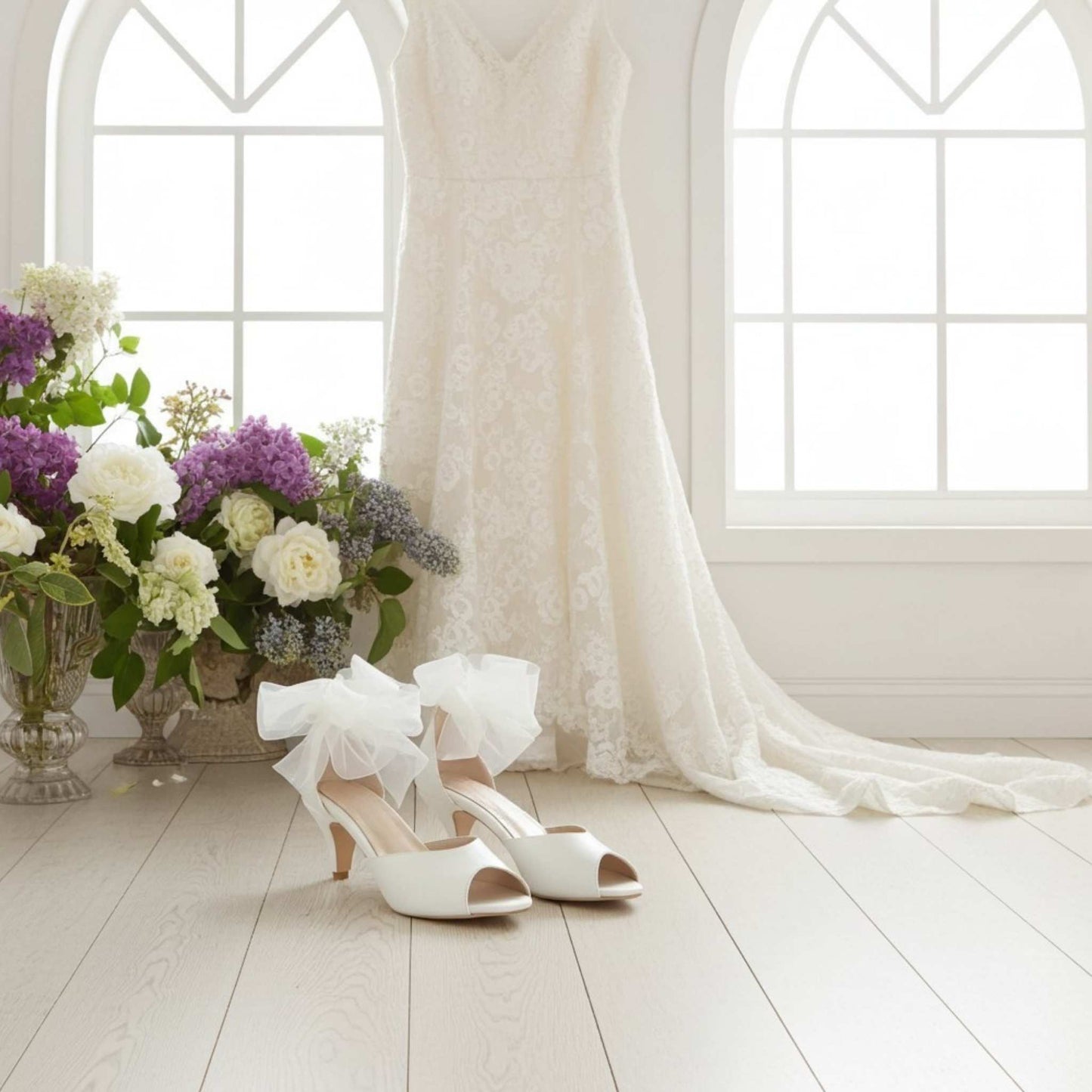 Neve Peep Toe Kitten Heel Bridal Shoes - Organza Strap