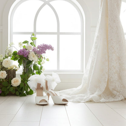 Neve Peep Toe Kitten Heel Bridal Shoes - Organza Strap