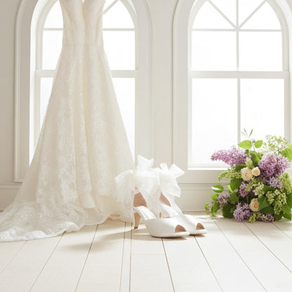 Neve Peep Toe Kitten Heel Bridal Shoes - Organza Strap
