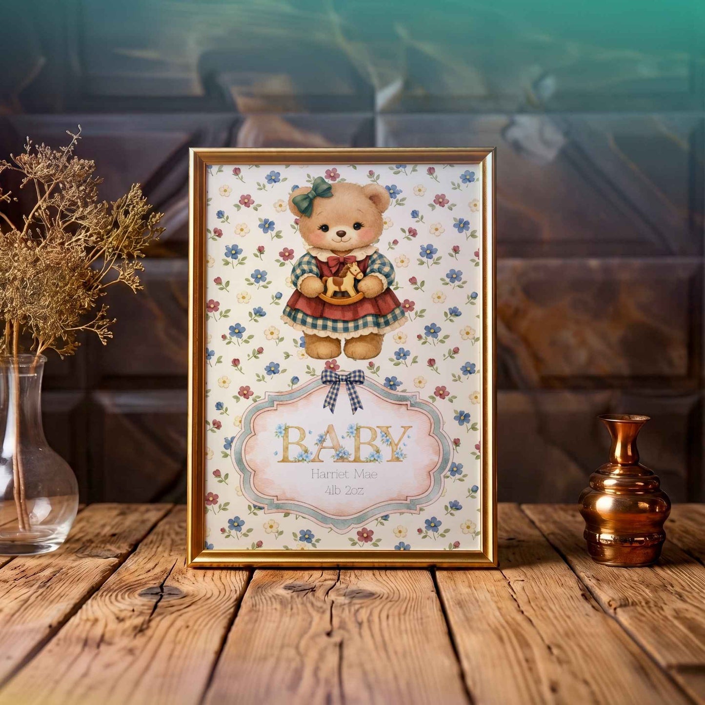 Personalised Baby Girl Art Print with Teddy Bear