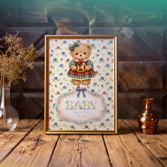 Personalised Baby Girl Art Print with Teddy Bear