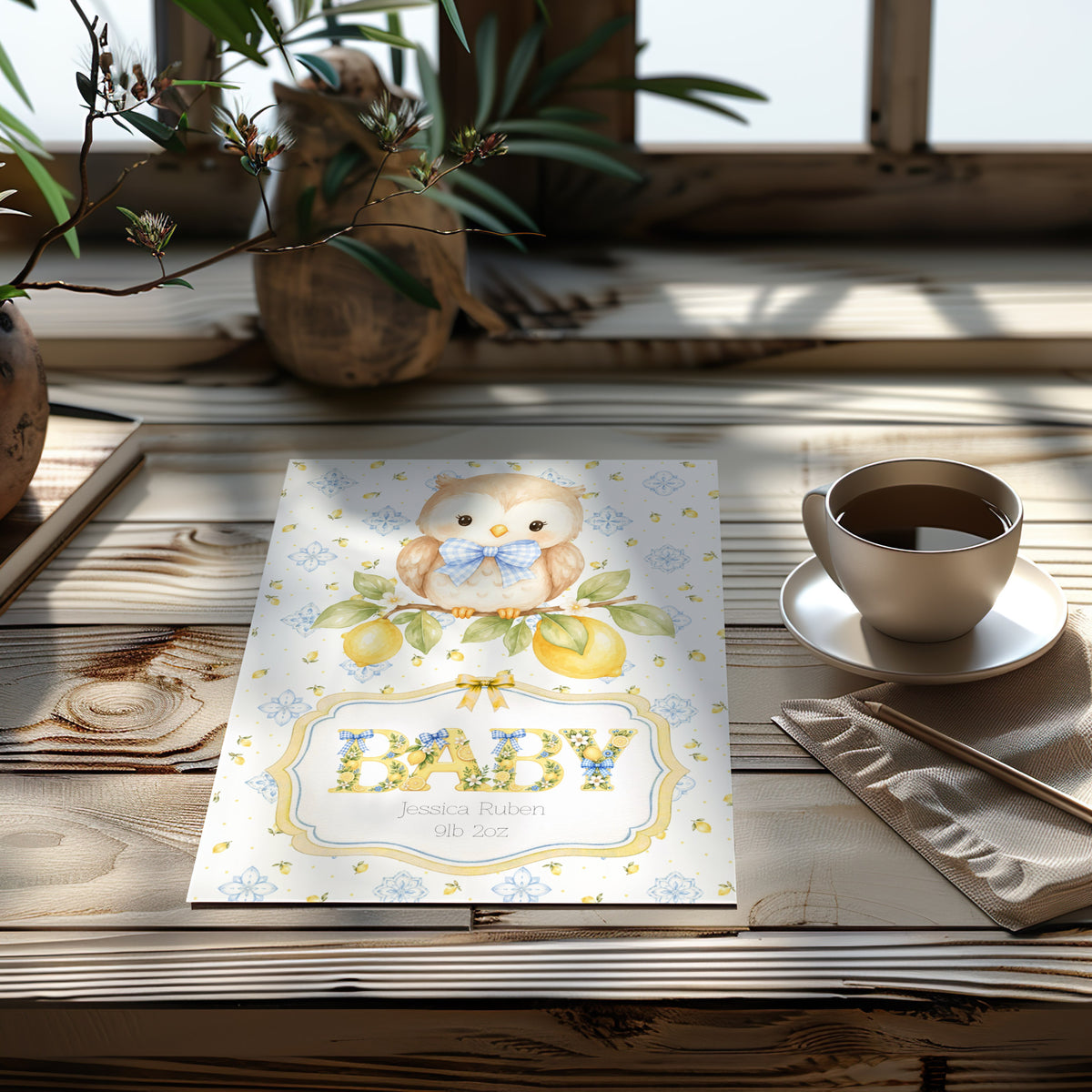 Personalised Baby Owl Newborn Baby Card – Custom Name & Birth Weight