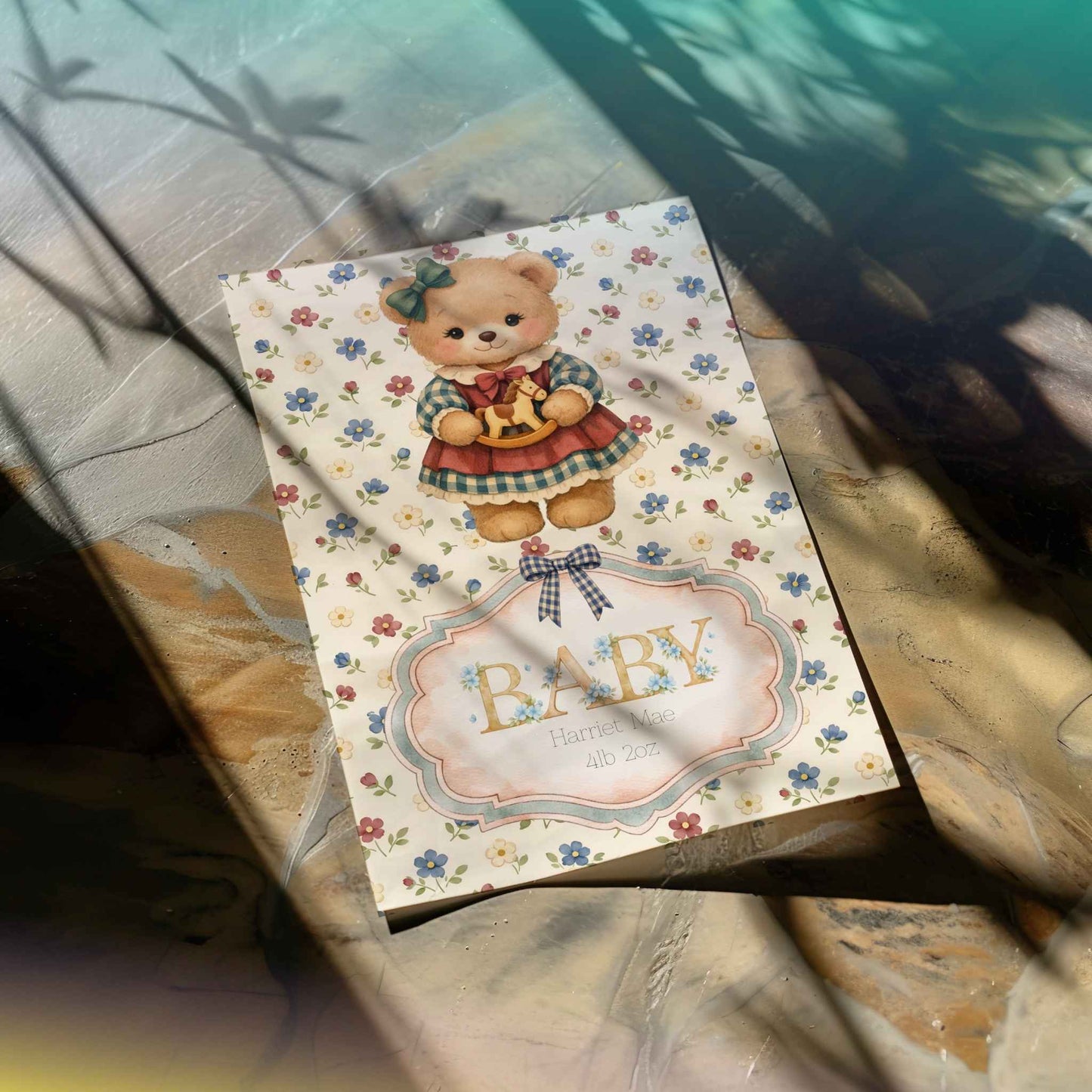 Personalised Baby Girl Art Print with Teddy Bear