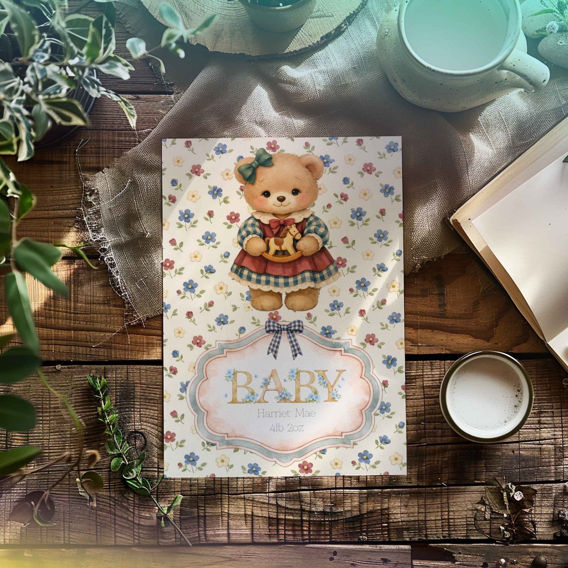 Personalised Baby Girl Art Print with Teddy Bear