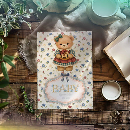 Personalised Baby Girl Art Print with Teddy Bear