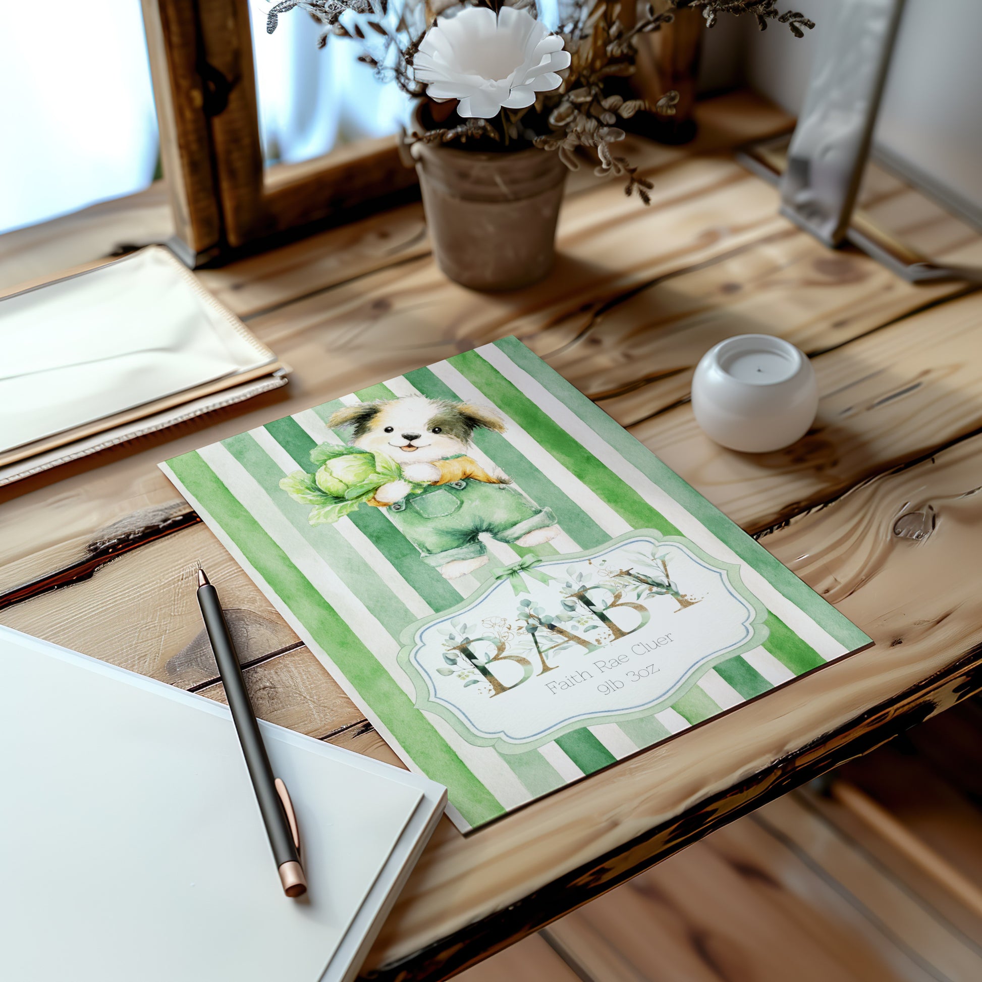 Personalised New Baby Greeting Card with Puppy A5