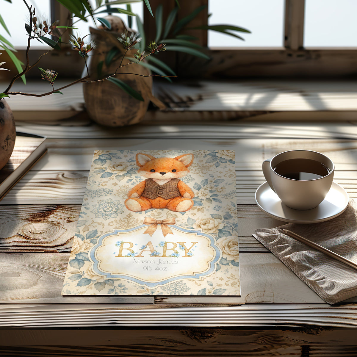 Personalised Baby Fox Card - New Baby Boy