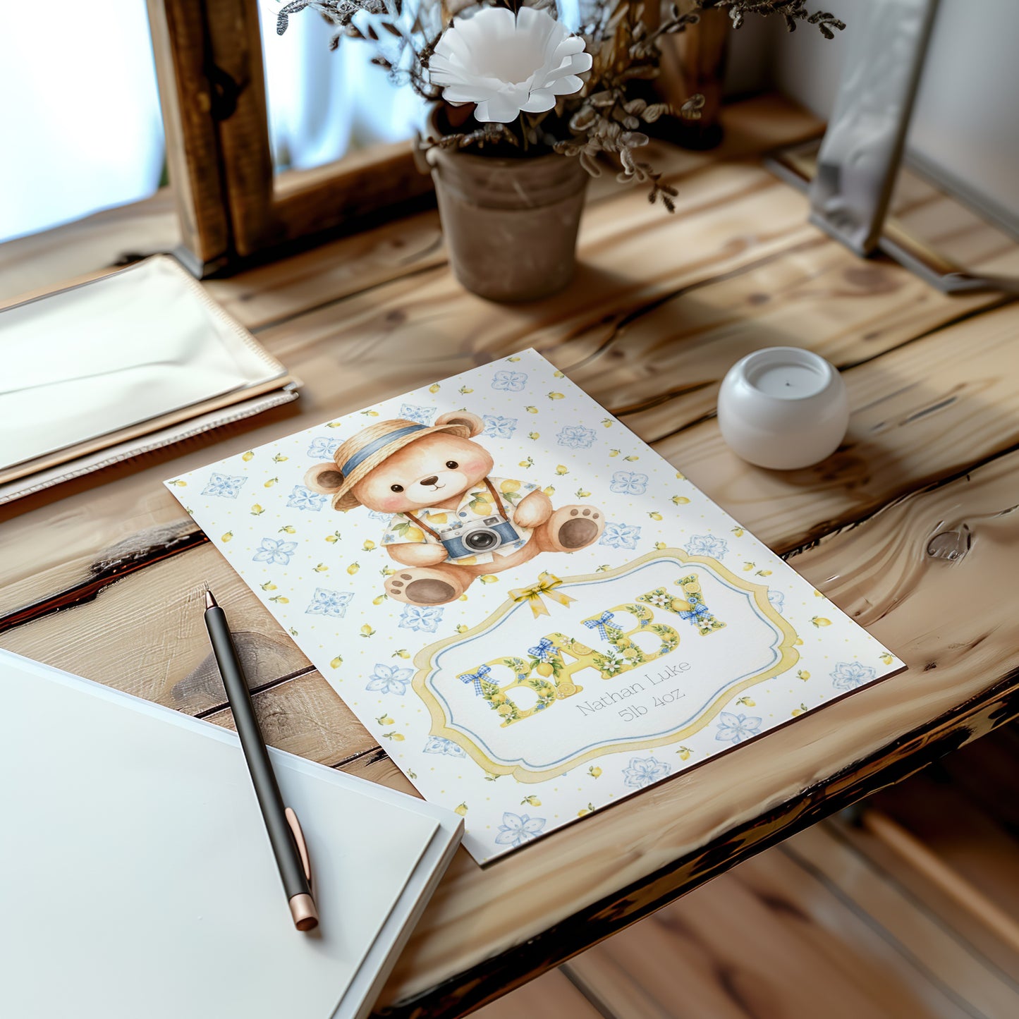 Personalised Newborn Baby Greeting Card with Italian Bear A5