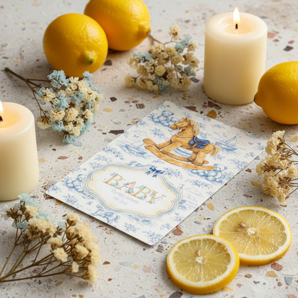 Newborn baby boy card with rocking horse design, surrounded by lemons and candles on a textured surface.