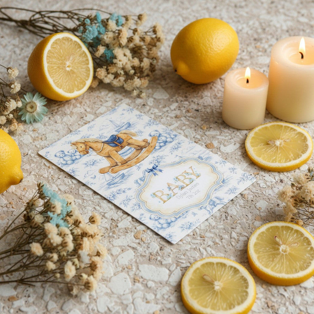 Newborn baby card with lemons and candles on a textured surface, pretty rocking horse design.