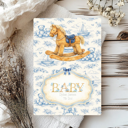 Baby newborn card with rocking horse and teddy bears on a white background