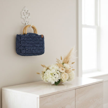 Handmade Blue Crochet Bag with Wooden Handle – Unique Handbag