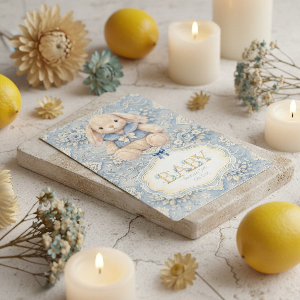 Card with a baby design on a stone coaster surrounded by lemons and candles.
