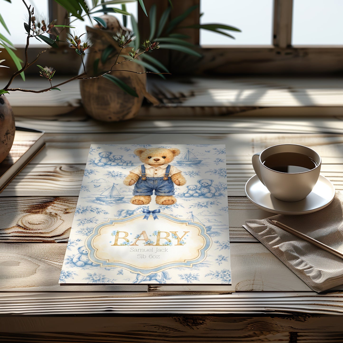 Personalised Baby Art Print with Teddy Bear