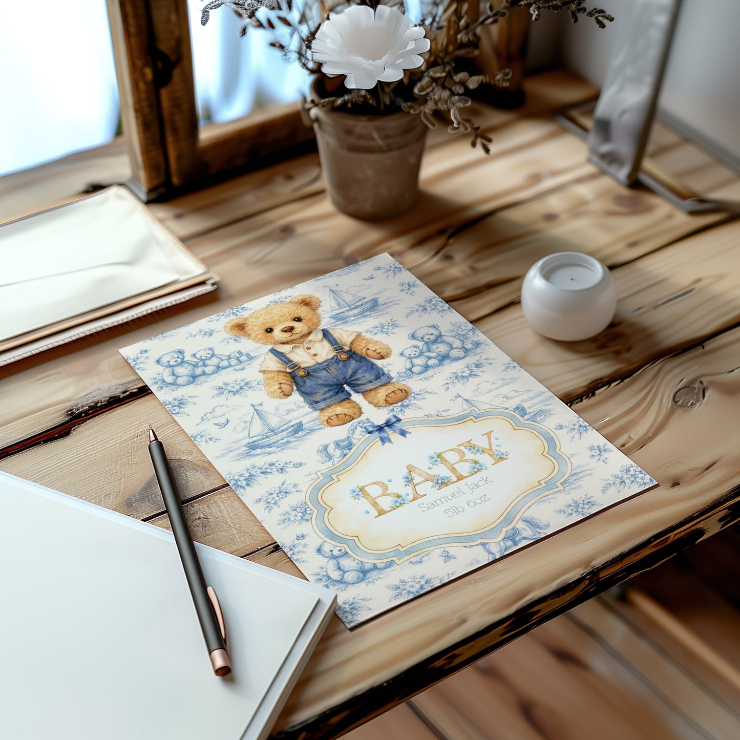 Personalised Baby Art Print with Teddy Bear