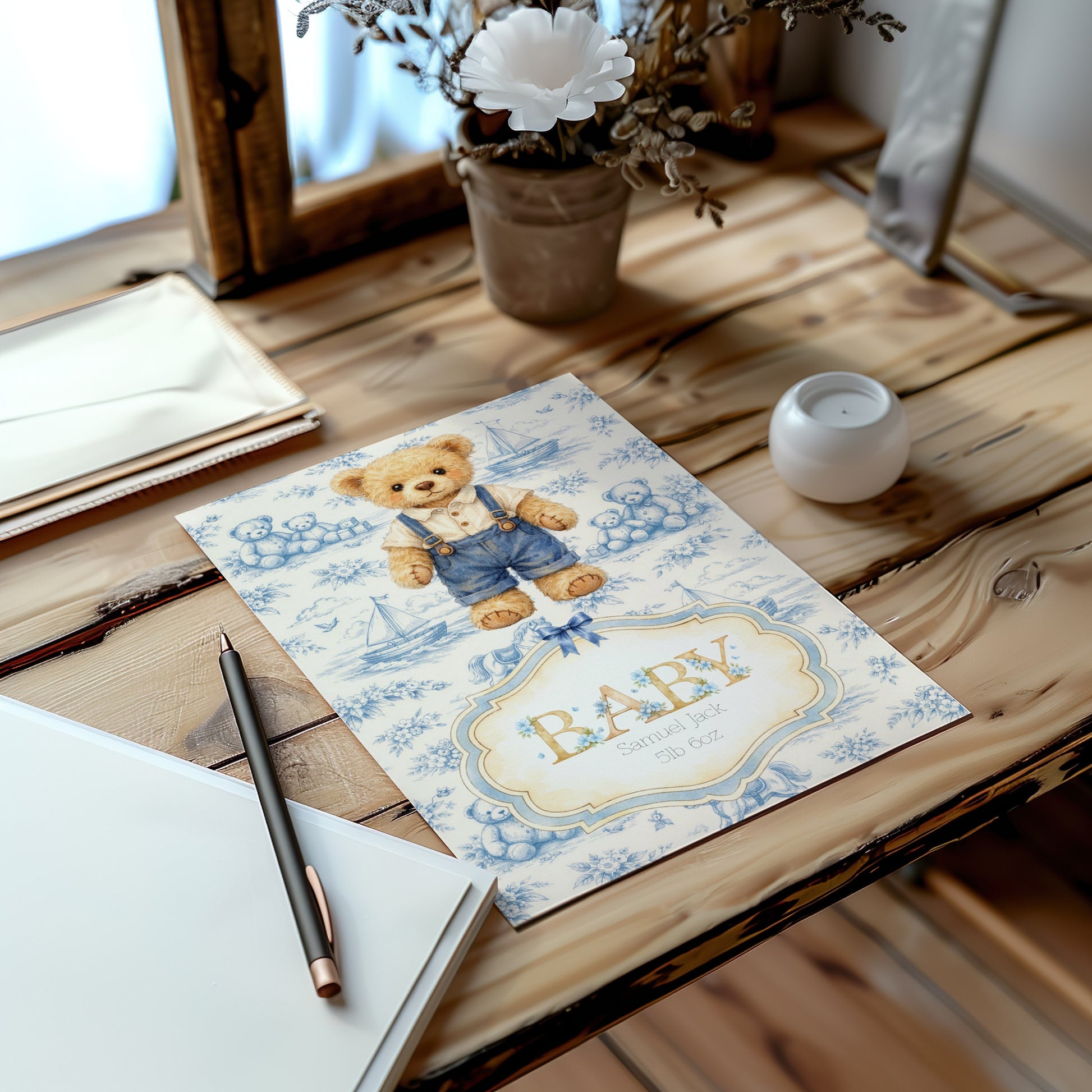 Personalised Baby Art Print with Teddy Bear