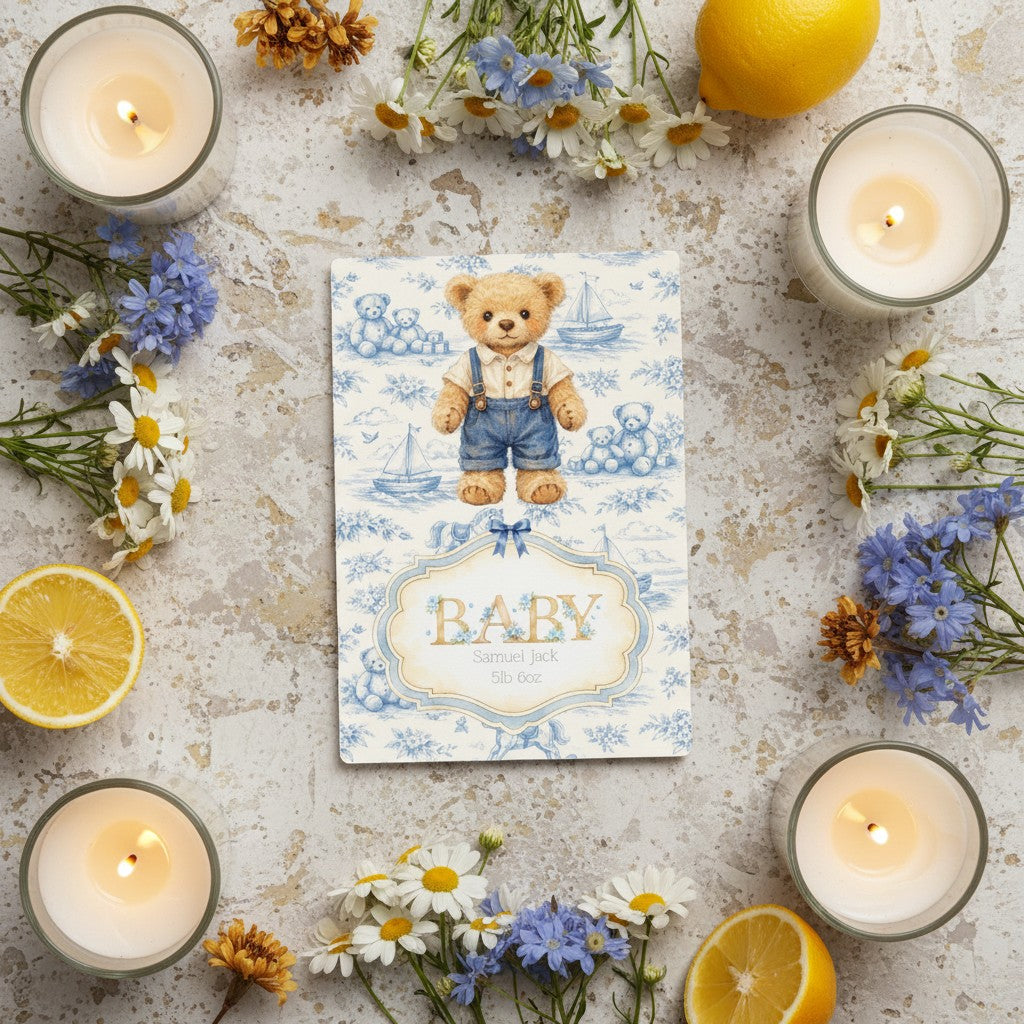 Personalised Baby Art Print with Teddy Bear